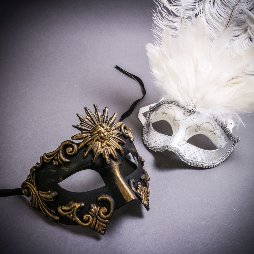Black Gold Men Roman Greek Emperor & White Feather Women Mardi Gras Eye Mask